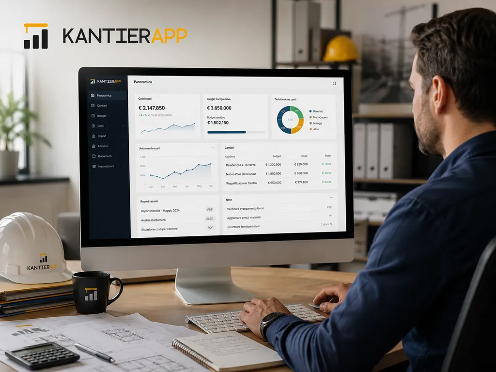 Immagine generata con IA: ricostruzione di una dashboard costi e budget su desktop, con andamento dei costi, distribuzione per categoria e report recenti