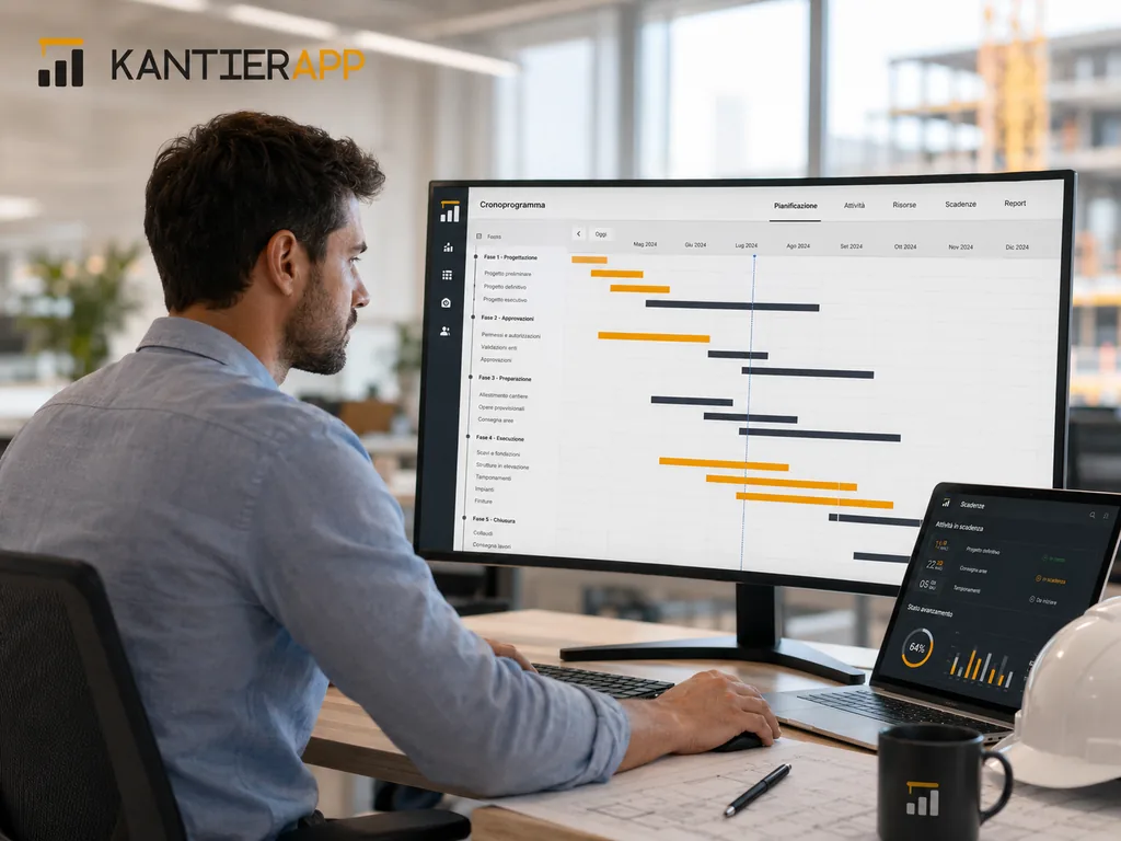 Immagine generata con IA: ricostruzione di un cronoprogramma dei lavori con diagramma di Gantt organizzato per fasi di cantiere e scadenze in arrivo