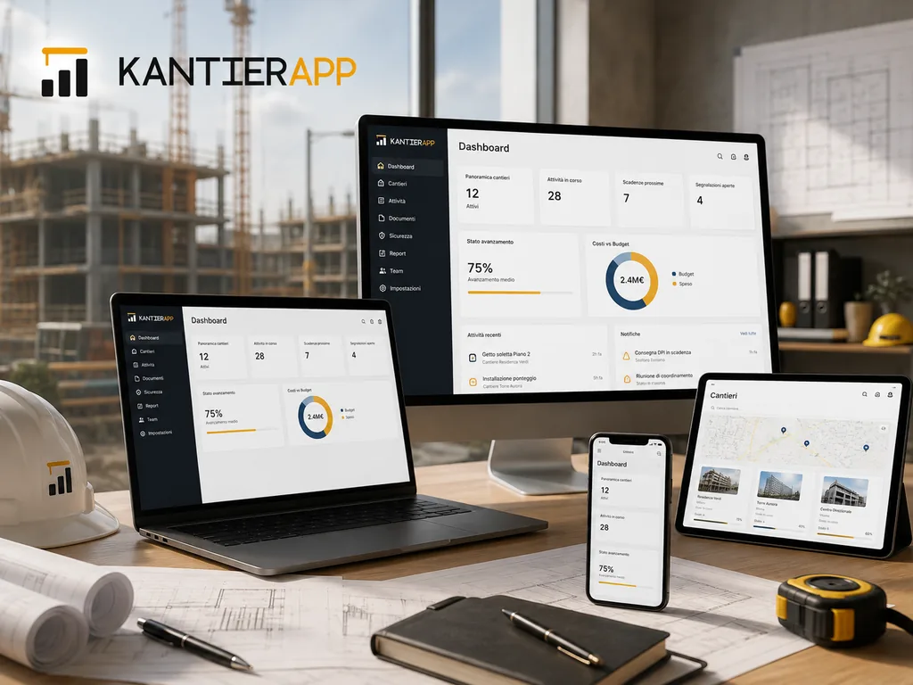 Immagine generata con IA: ricostruzione di una dashboard della piattaforma su desktop, laptop, tablet e smartphone con panoramica cantieri e attività