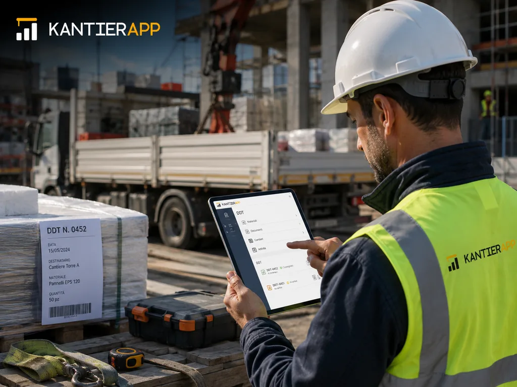 Immagine generata con IA: ricostruzione della verifica di un documento di trasporto materiali in cantiere tramite tablet, con elenco DDT collegati