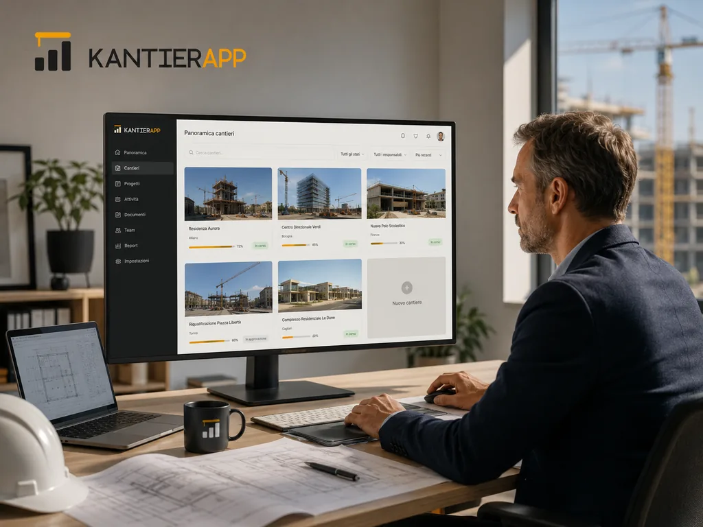Immagine generata con IA: ricostruzione di una panoramica cantieri su monitor desktop, con elenco dei progetti attivi, stato di avanzamento e foto di cantiere