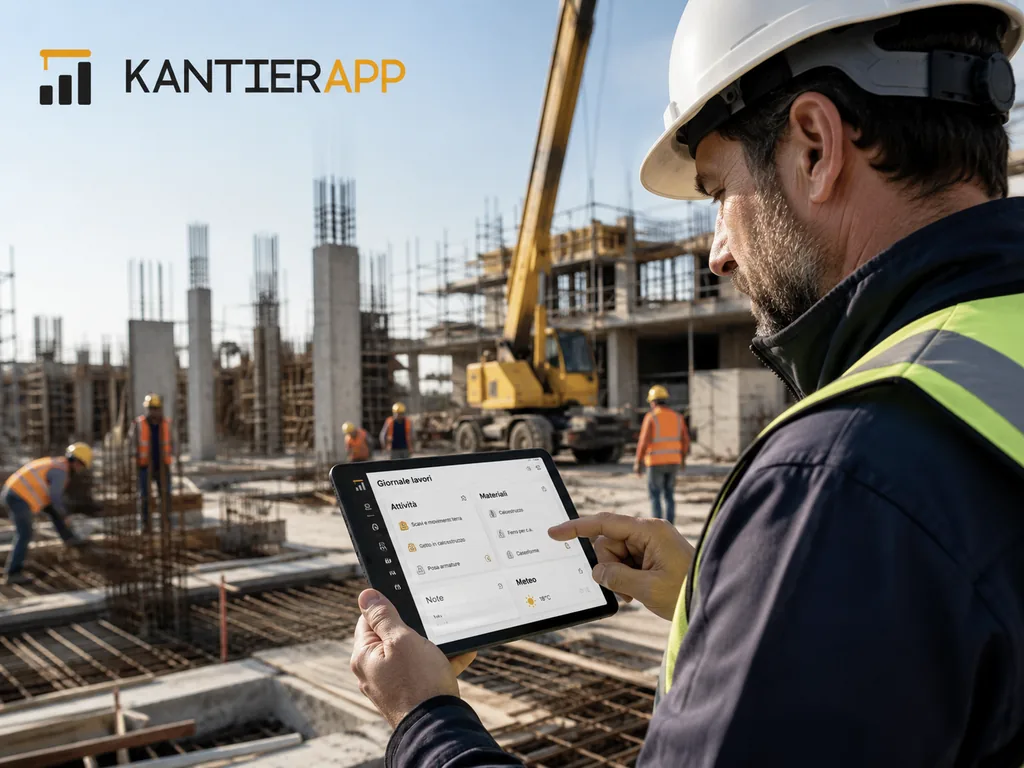 Immagine generata con IA: ricostruzione di un giornale lavori compilato da tablet direttamente in cantiere, con attività, materiali impiegati e condizioni meteo