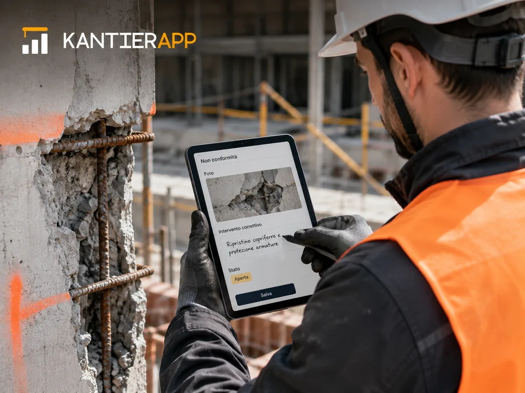 Immagine generata con IA: ricostruzione della rilevazione di una non conformità da tablet, con foto del difetto e descrizione dell'intervento correttivo