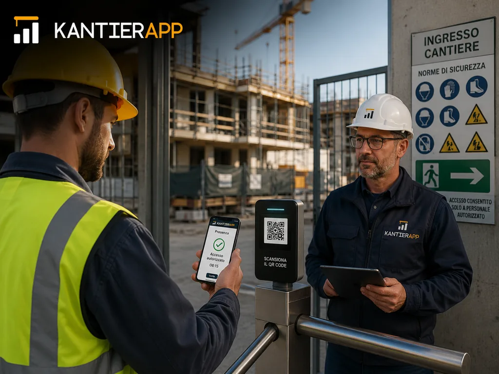 Immagine generata con IA: ricostruzione del controllo delle presenze in ingresso al cantiere tramite scansione di QR code da app mobile