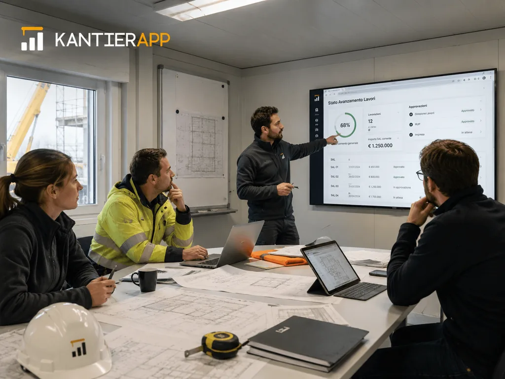 Immagine generata con IA: ricostruzione di una riunione di stato avanzamento lavori davanti a uno schermo con percentuale di completamento, SAL e approvazioni