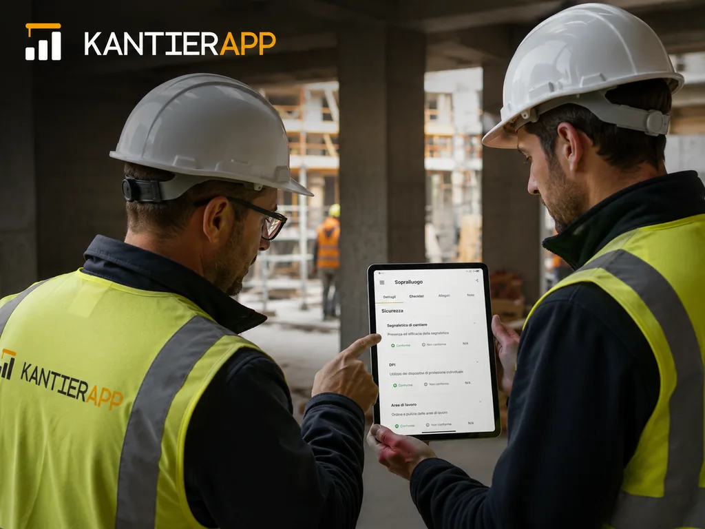 Immagine generata con IA: ricostruzione di un sopralluogo di sicurezza da tablet con checklist di conformità su segnaletica, DPI e aree di lavoro